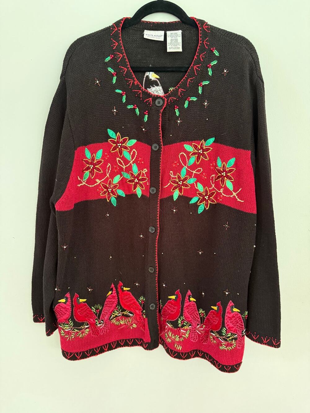 White Stag Cardinal Christmas Cardigan‎ Sweater Beaded Appliqué 26W 28W Plus